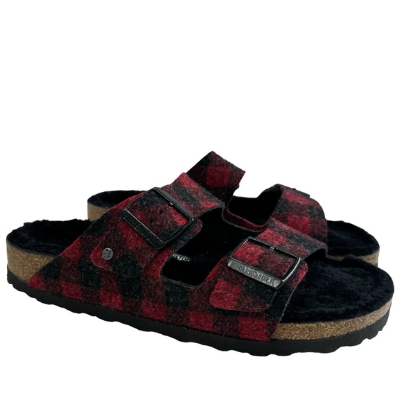 Birkenstock Arizona Shearling Red/Black Buffalo Plaid Slide Sandal Size L10/ M8 - Picture 4 of 16